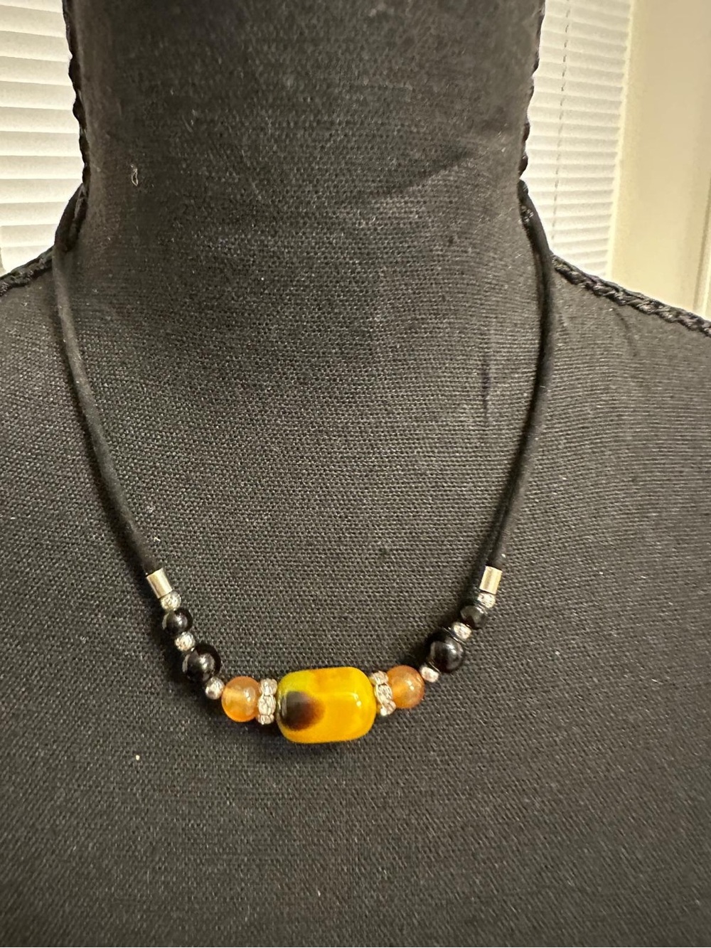 Boho Yellow Amber Style Art Glass Tube Bead Choker Necklace Black Cord Rhineston